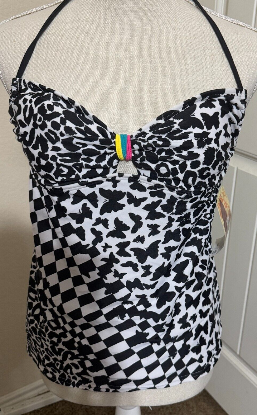 NWT Hobie Tankini Halter Swim Top &‎ bottoms L/XL black white animal print NEW